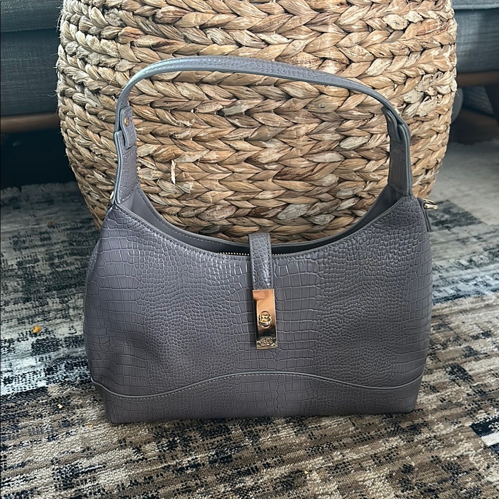 Grey Croc-Embossed Shoulder Bag with Gold Accent